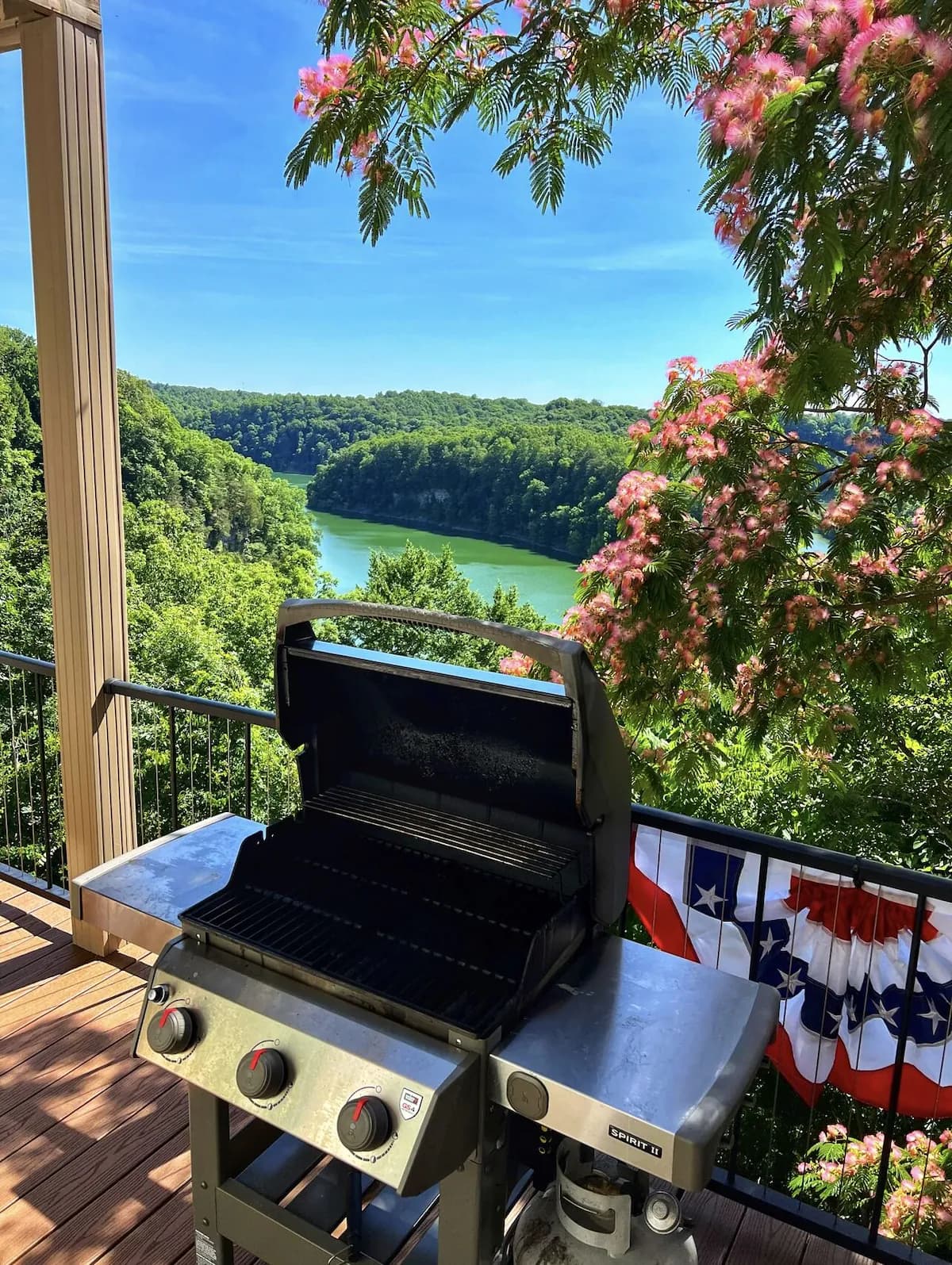 Gas grill on deck with lake view